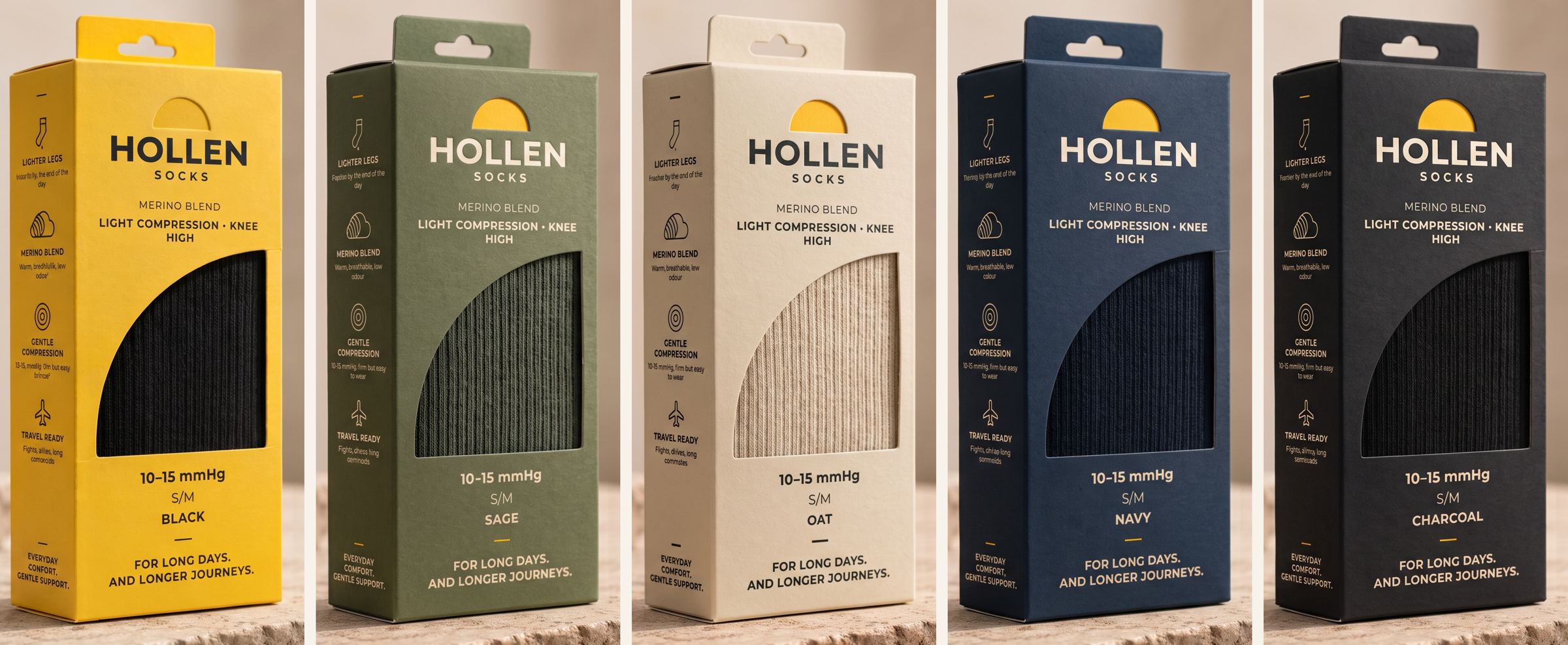 The five Hollen sock boxes in a row: yellow, sage, oat, navy and charcoal, each with a yellow half-circle above the wordmark