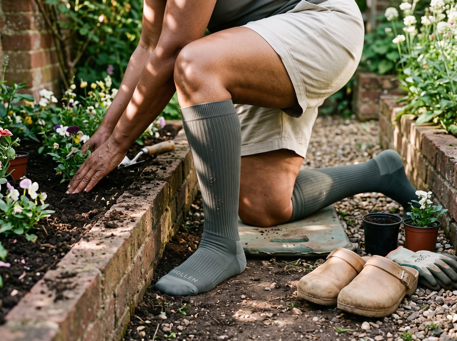 Kneeling in a garden bed planting flowers, wearing sage Hollen socks