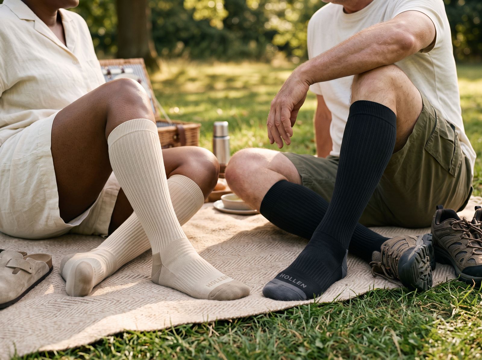 Two people relaxing on a picnic blanket in a park, wearing oat and black Hollen knee-high socks