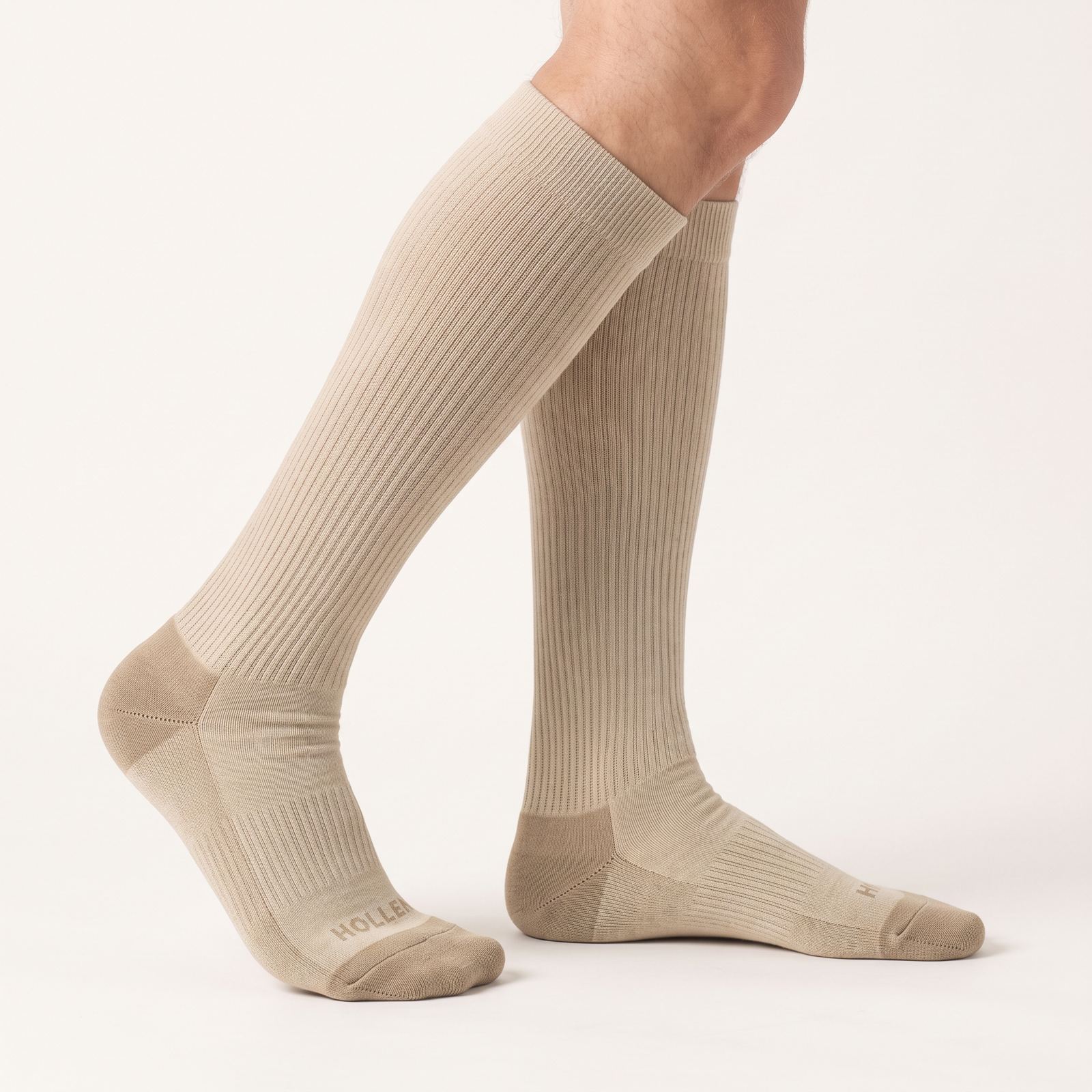 Close-up of oat Hollen socks showing the fine ribbed knit, cushioned heel and toe