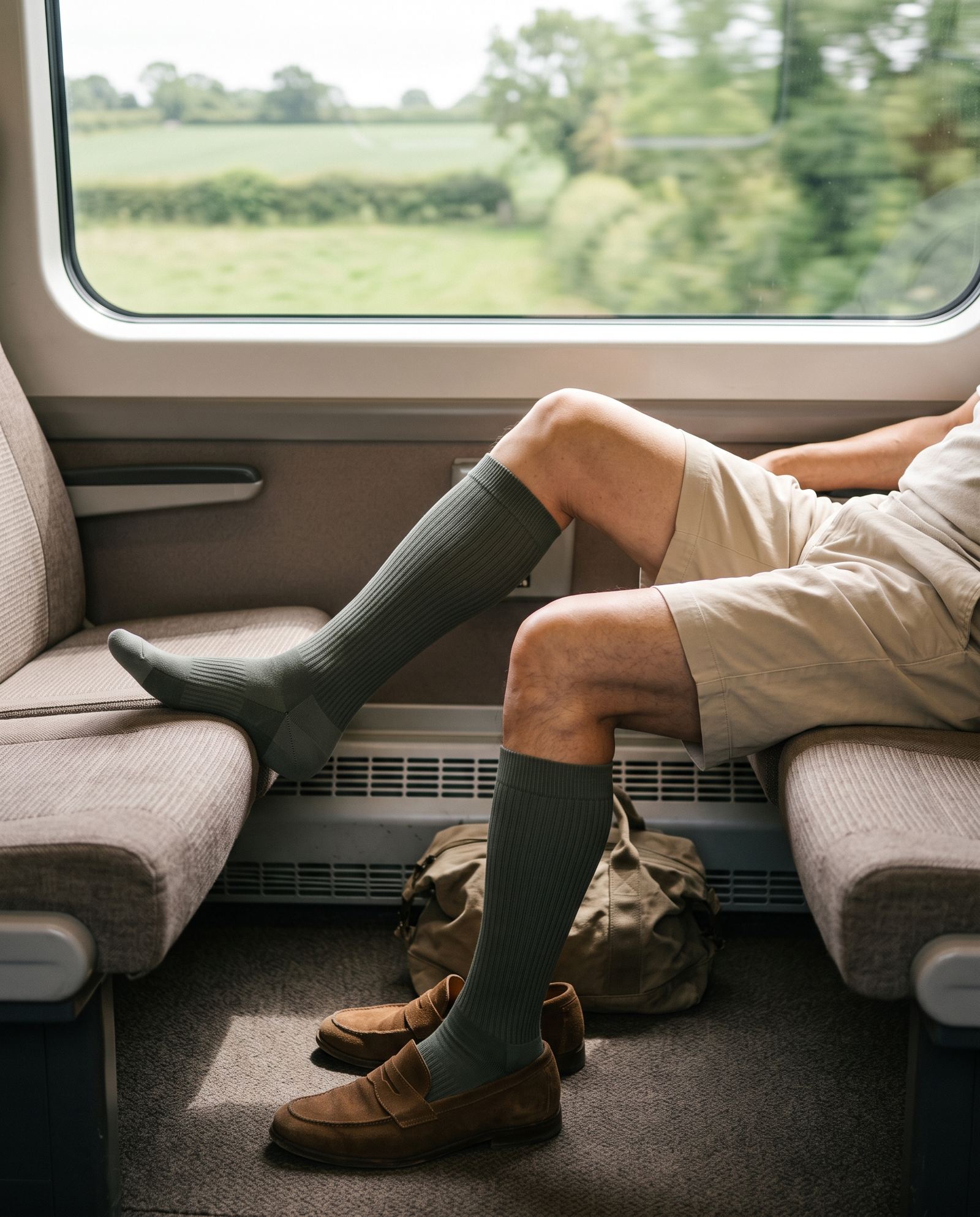 Relaxing on a train through green countryside, wearing sage Hollen socks with suede loafers